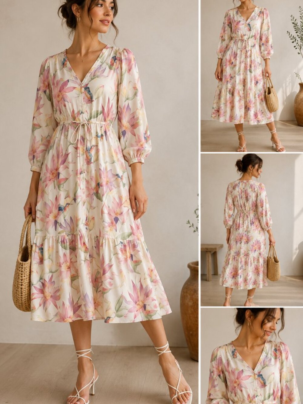 H&M Cream Floral Maxi Dress with Pink, Green and Purple Accents